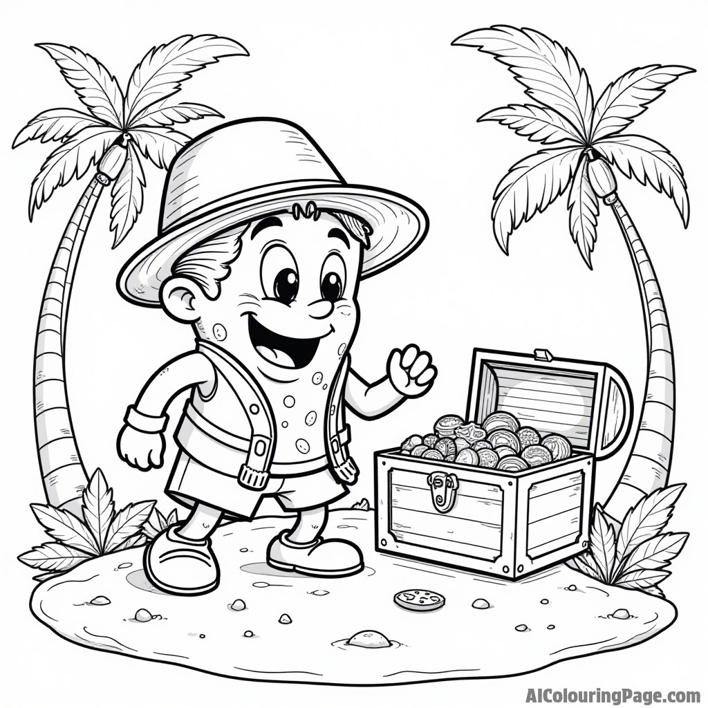 A pizza slice explorer discovering a treasure chest filled with toppings on a deserted island, with palm trees around it.