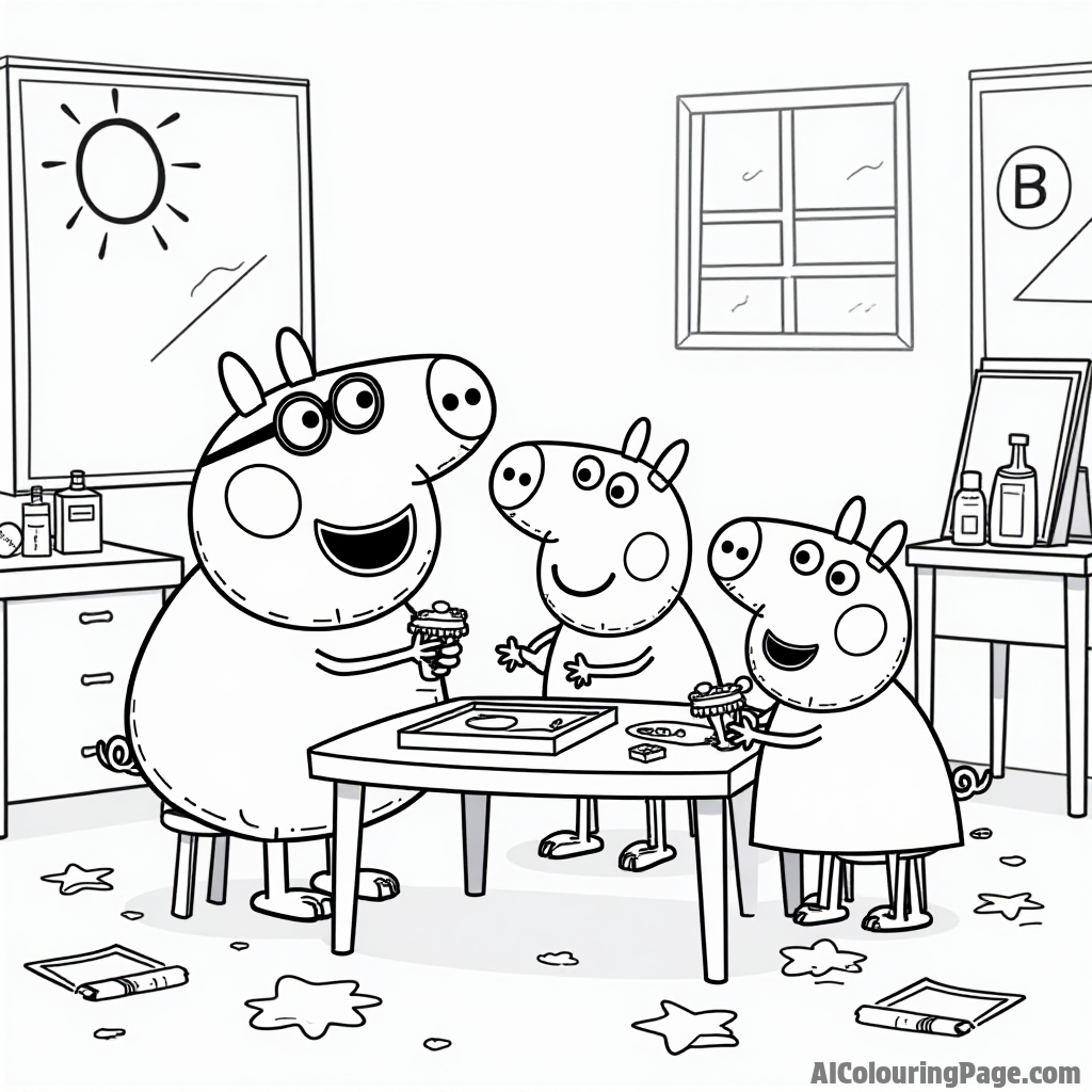 Peppa Pig and her friends making colorful crafts at a table in a sunny classroom with art supplies scattered everywhere.