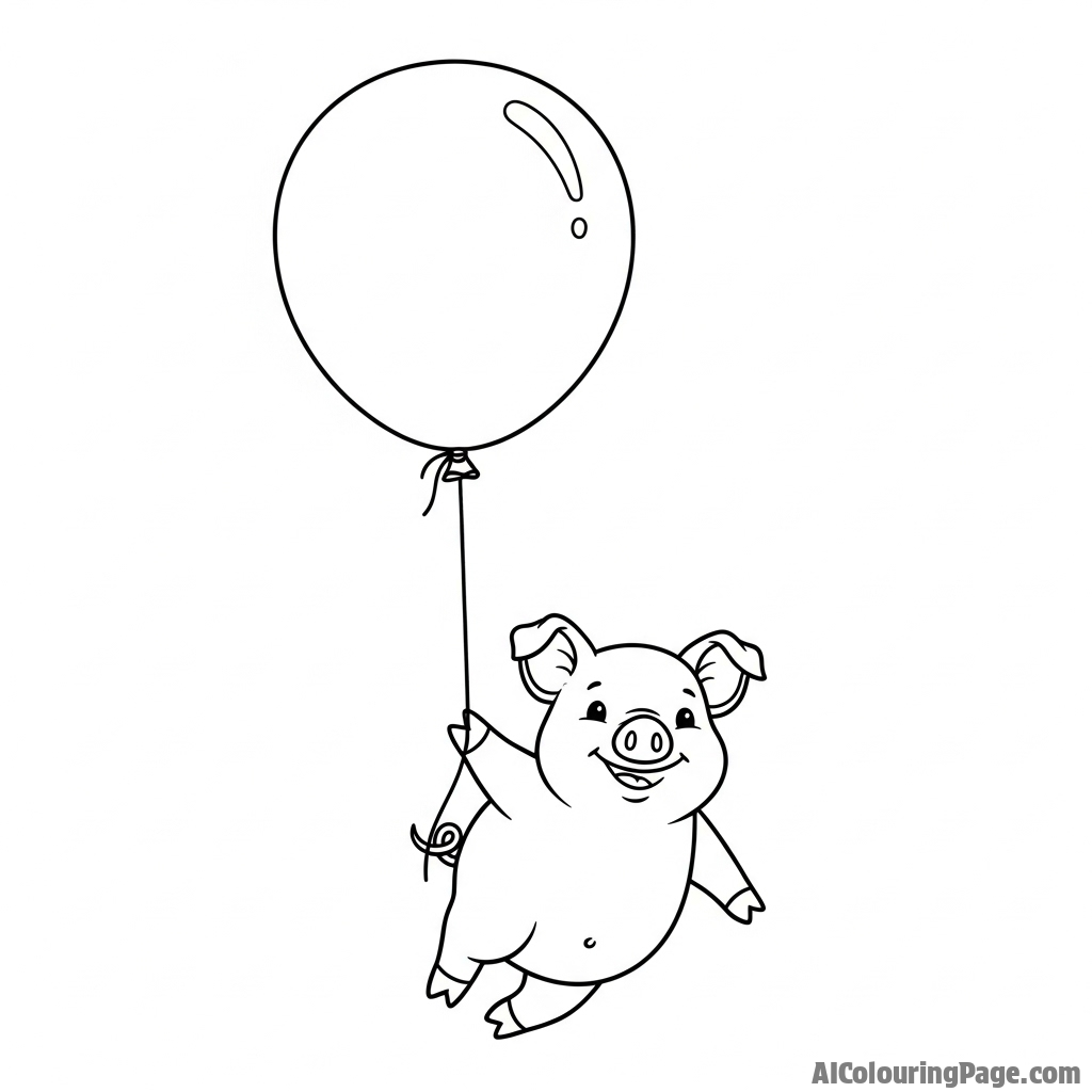 A whimsical illustration of a pig floating by holding a single large balloon.
