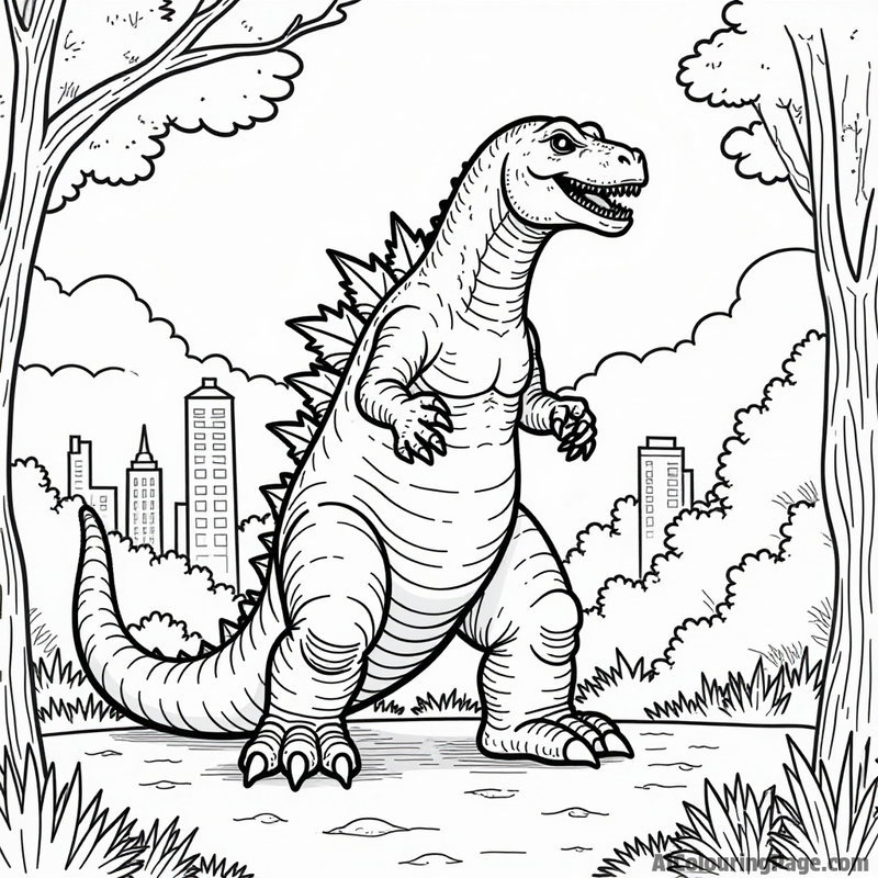 Godzilla walking through a city park