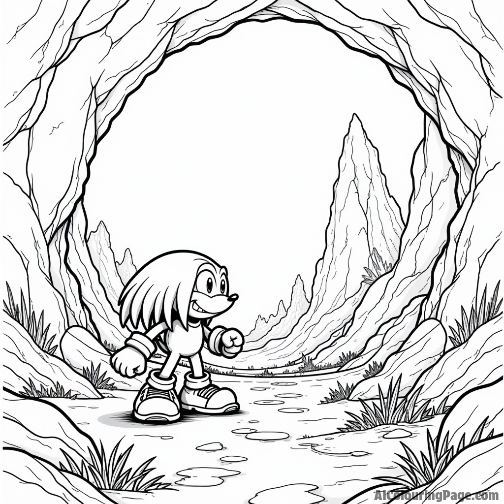 Knuckles exploring a mysterious cave filled with ancient ruins and glowing crystals, with a sense of adventure in the air.