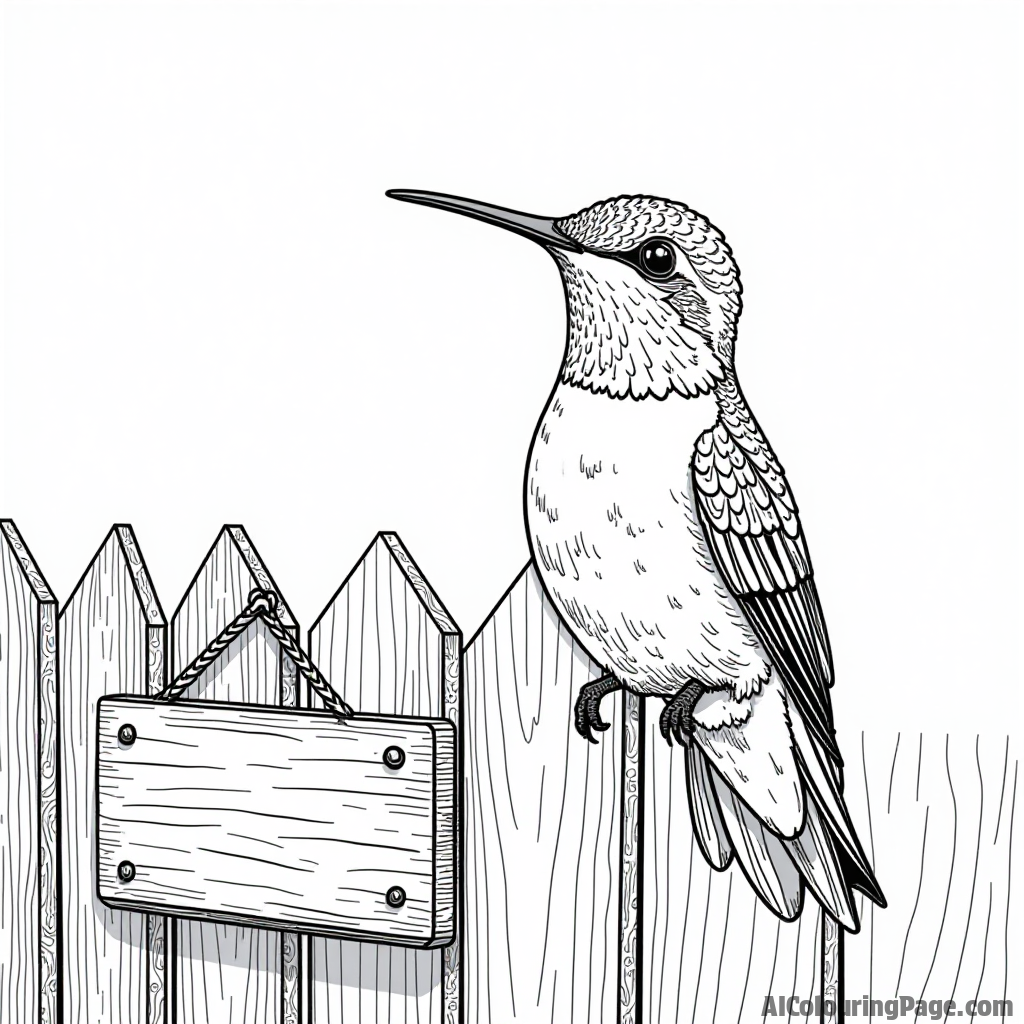 A hummingbird resting on a colorful fence post with a wooden sign hanging nearby.