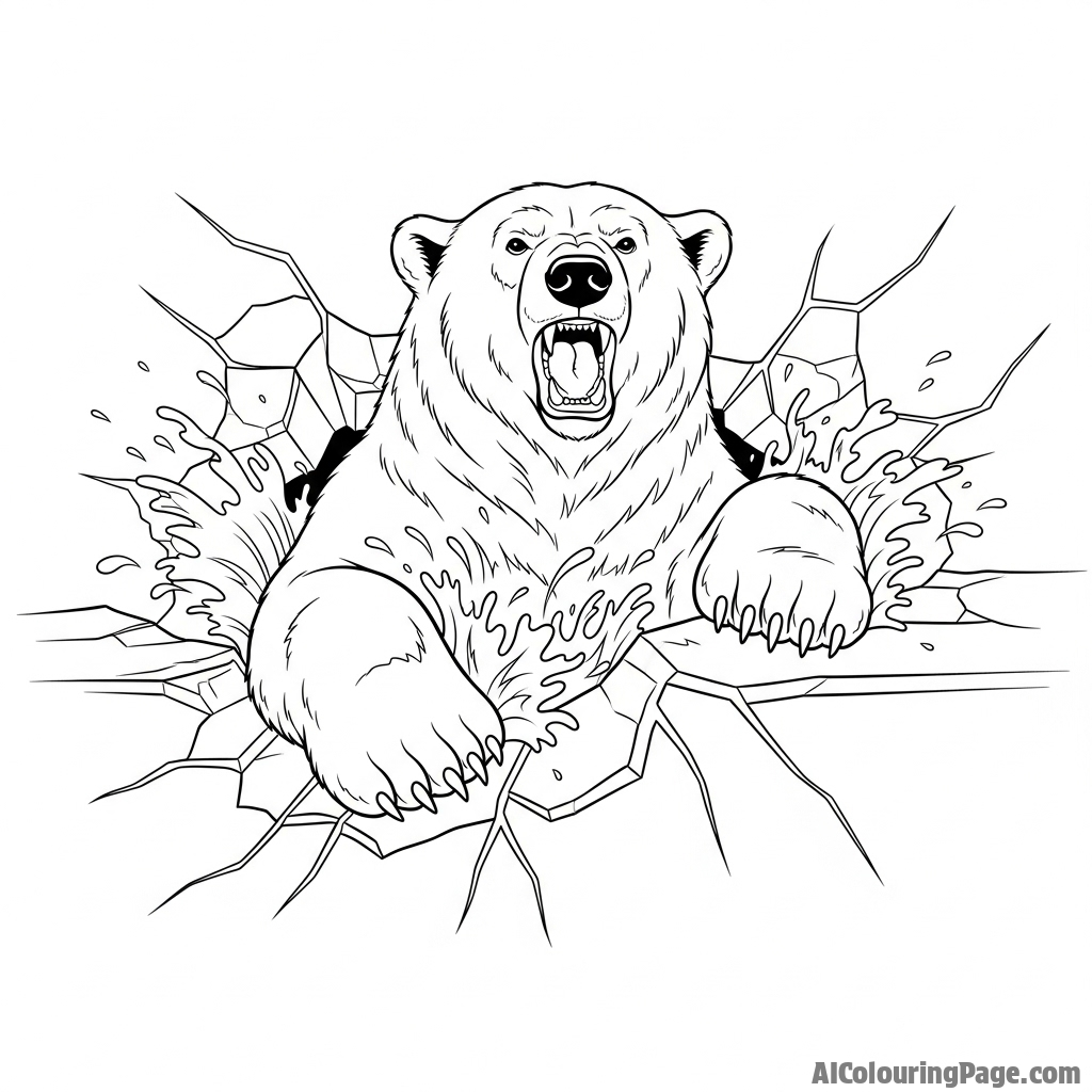 A powerful polar bear breaking through a thin layer of ice with its forepaws.