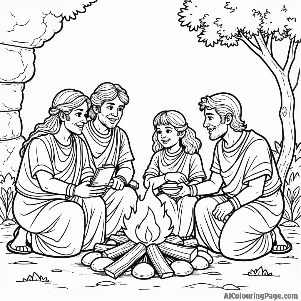 A Roman family in traditional attire, gathered around a fire, sharing stories and food, depicting warmth and togetherness in ancient times for kids to color.