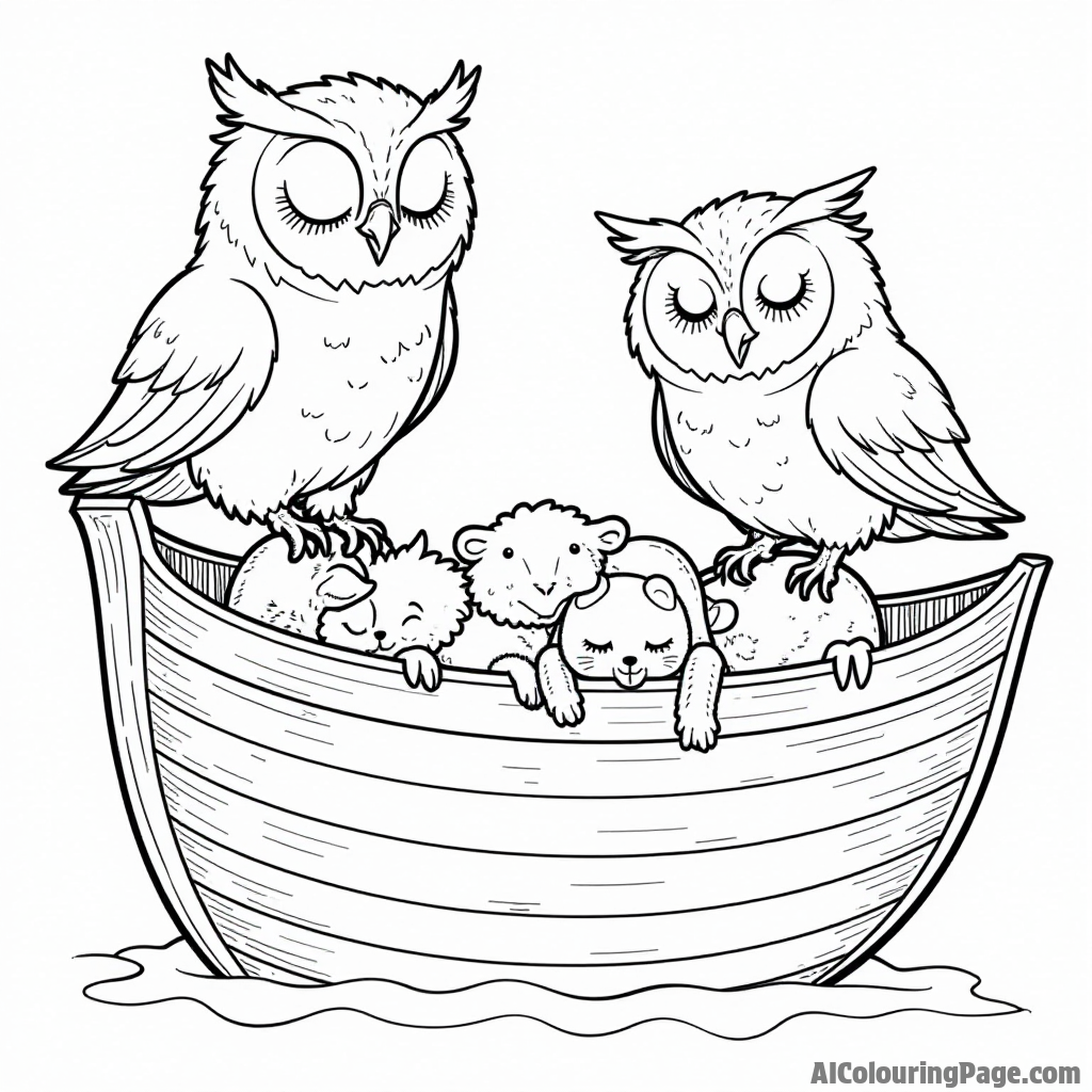 Two owls perched on the ark's railing, watching over the sleeping animals curled up in cozy corners.