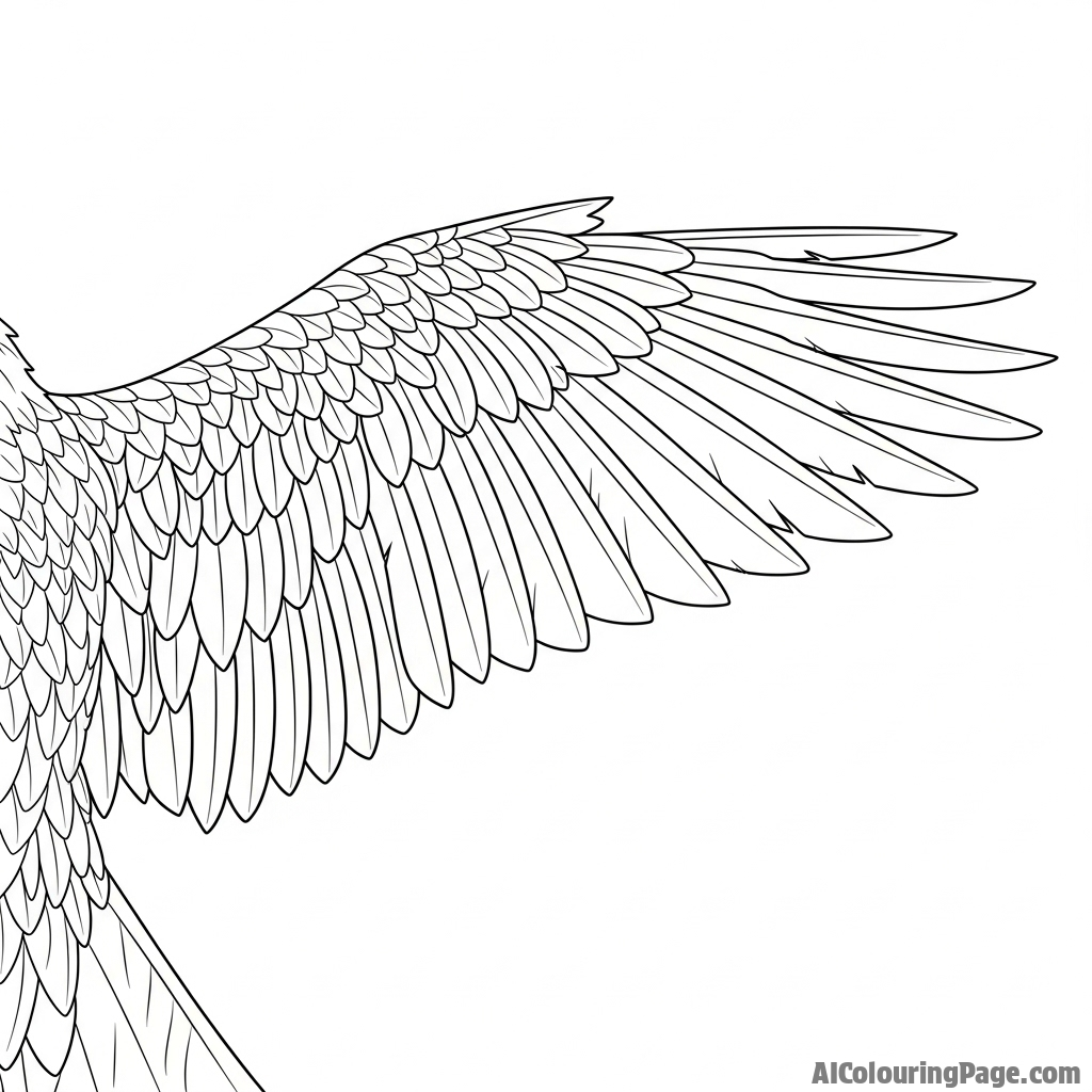 Eagle's wing, detailed plumage against a sky background.