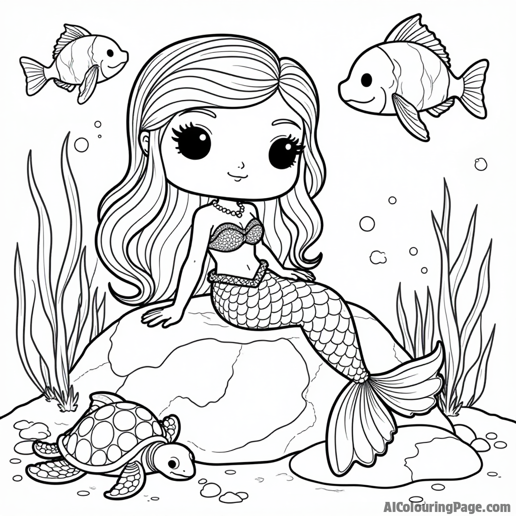 A Funko Pop mermaid lounging on a rock, surrounded by friendly fish and sea turtles, in a vibrant underwater scene that encourages children to explore colors in the ocean world.