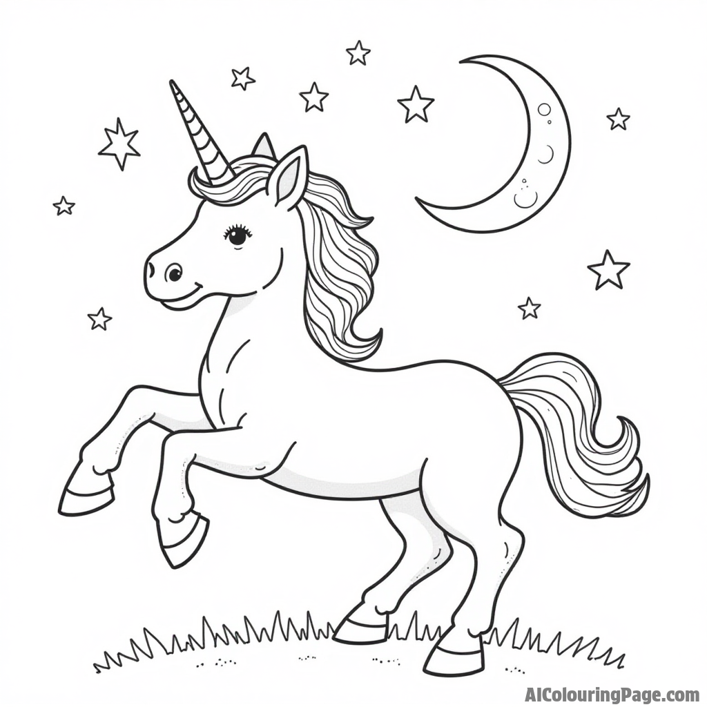 A unicorn dancing under a shower of stars with a whimsical moon in the background, perfect for a magical coloring experience.