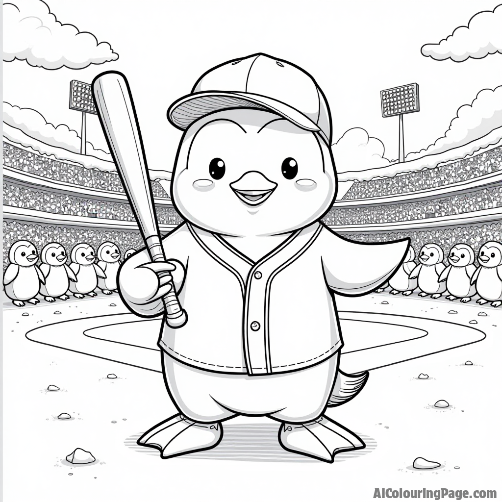 A cute penguin wearing a baseball uniform, holding a bat, a snow-covered baseball field, and a cheering crowd of penguins, perfect for a fun and unique coloring experience.