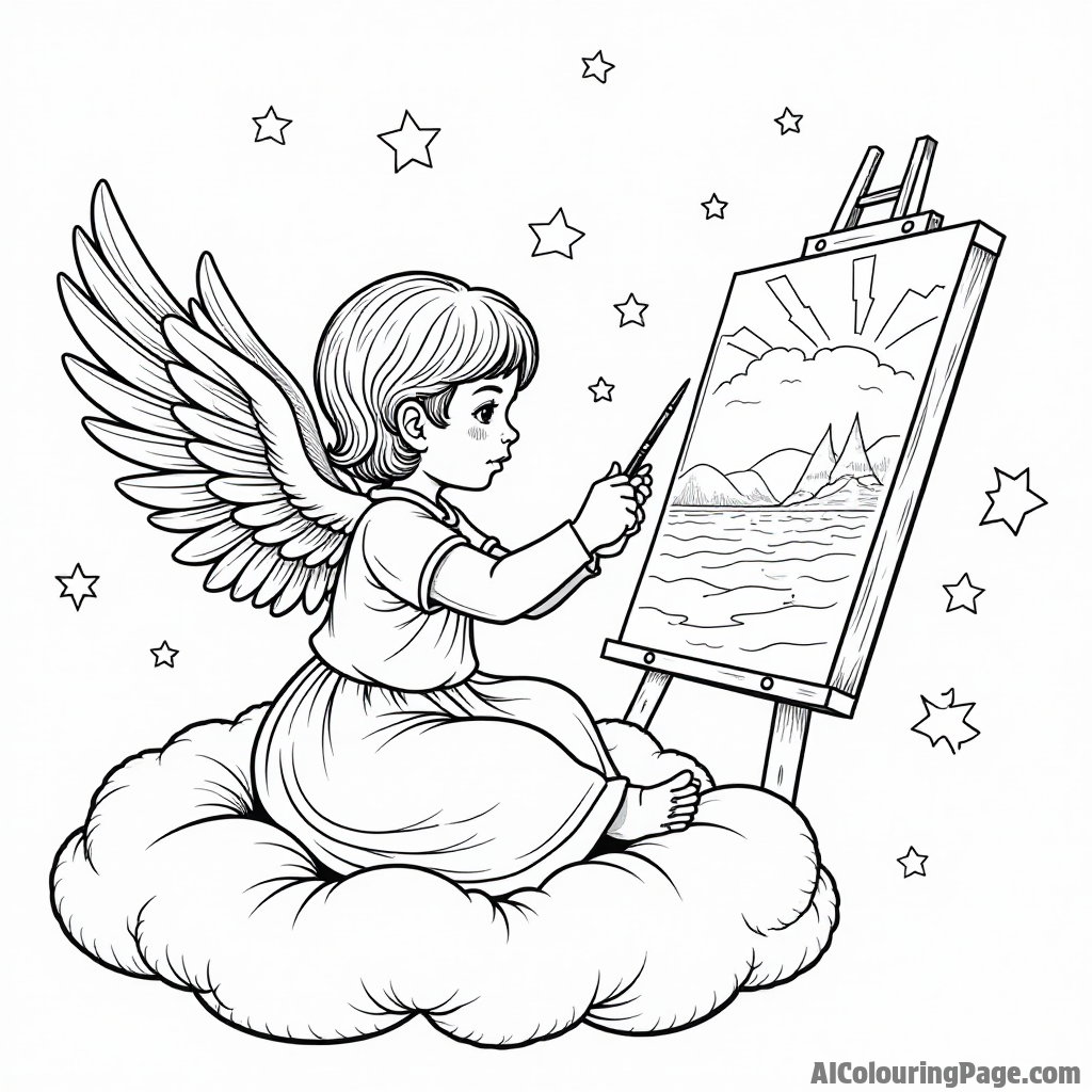 An angel painting a colorful sunset while sitting on a fluffy cloud with stars twinkling around it.