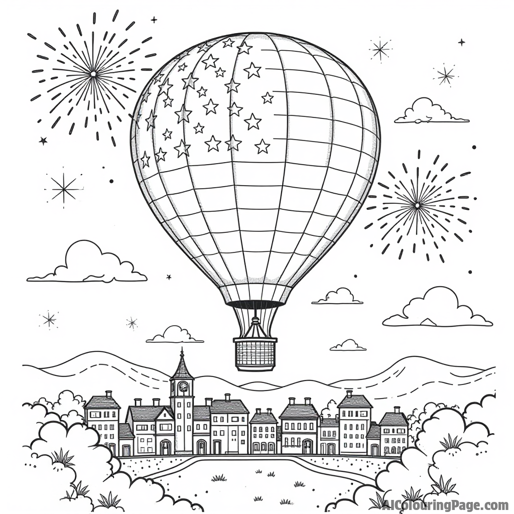 A whimsical hot air balloon shaped like the American flag, floating over a small town with fireworks in the sky during a 4th of July celebration.