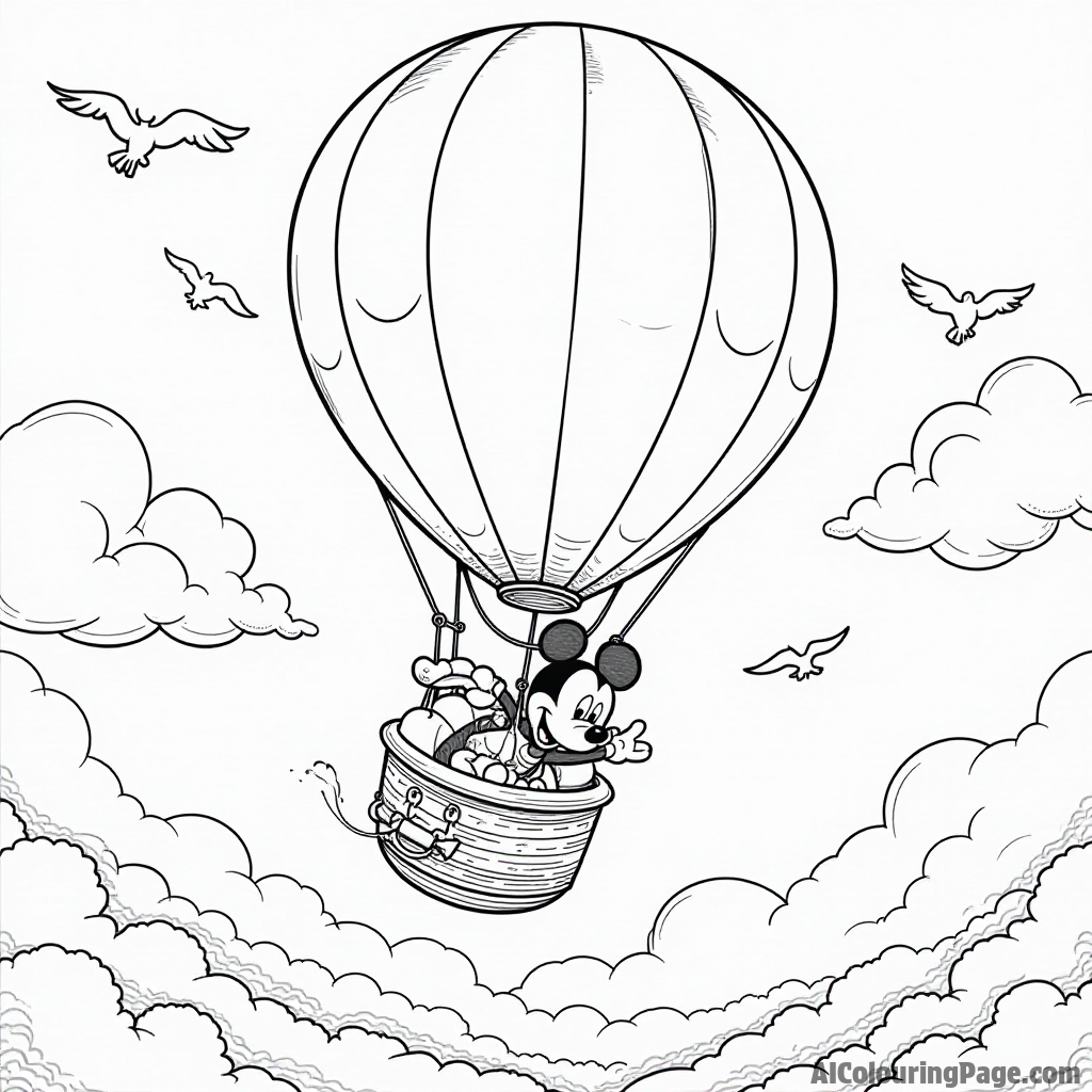 Mickey Mouse flying in a hot air balloon, surrounded by clouds and birds, looking down at the landscape.