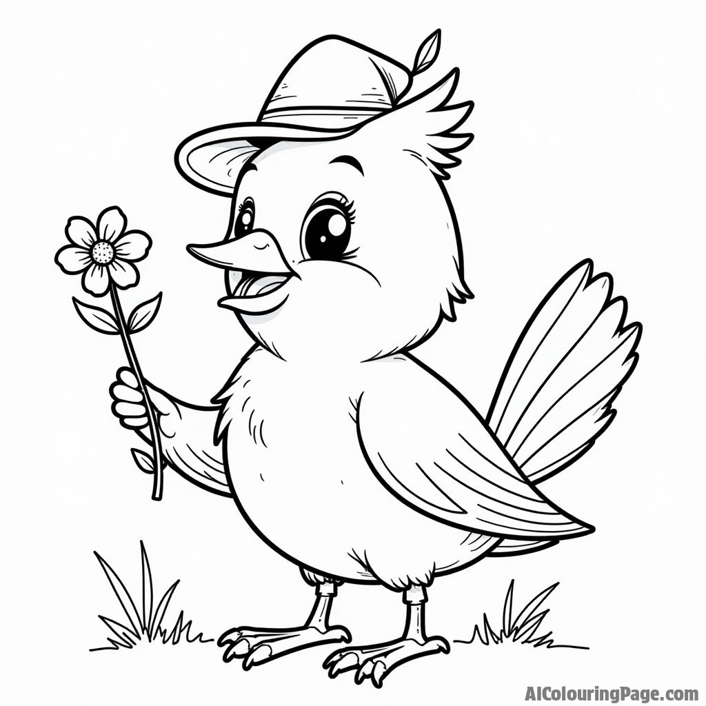 A cartoon cardinal wearing a tiny hat, holding a flower in its beak, ready for a fun adventure in nature.