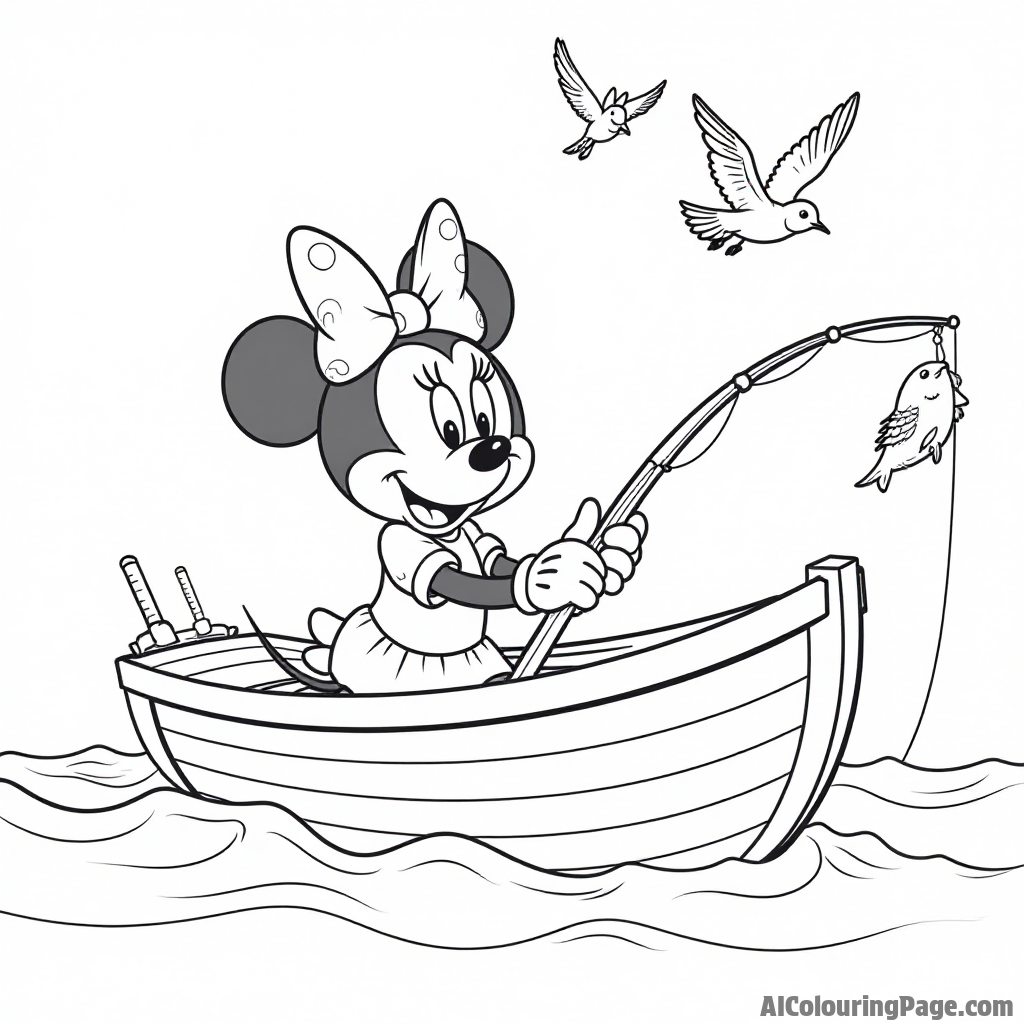 Minnie Mouse sailing on a boat, with a fishing rod, catching fish, and seagulls flying above her in the sky