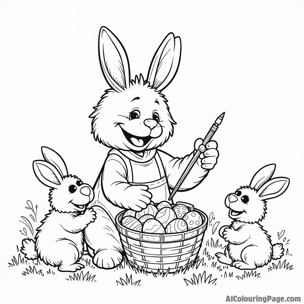 A Muppet baby painting colorful Easter eggs with friends, surrounded by baskets, grass, and playful bunnies hopping around.