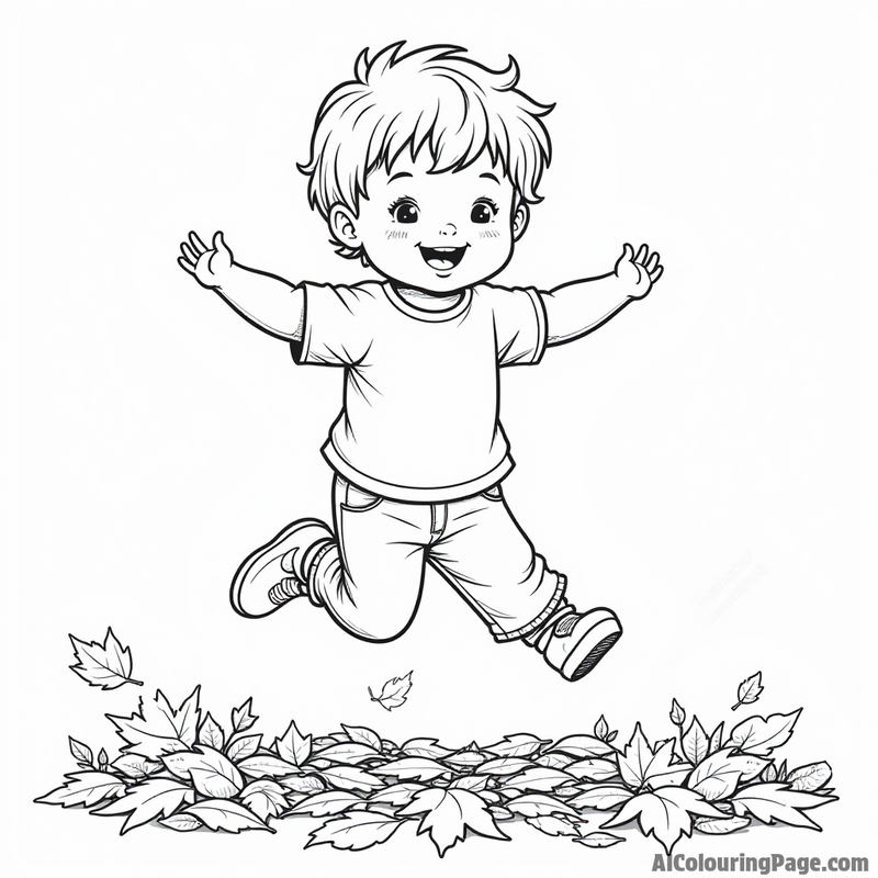 A child jumping in a pile of leaves