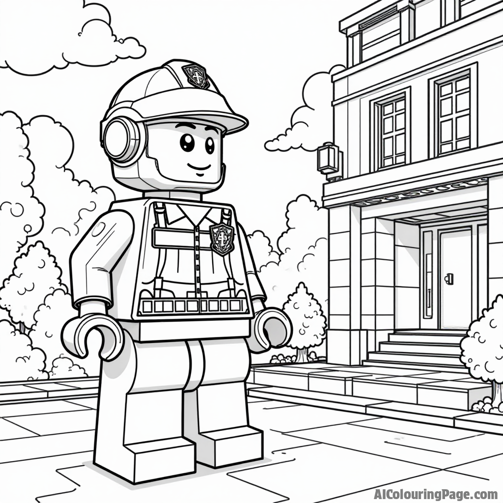 A Lego police robot standing guard at a Lego building, with a friendly face, inviting children to color a futuristic police scene.