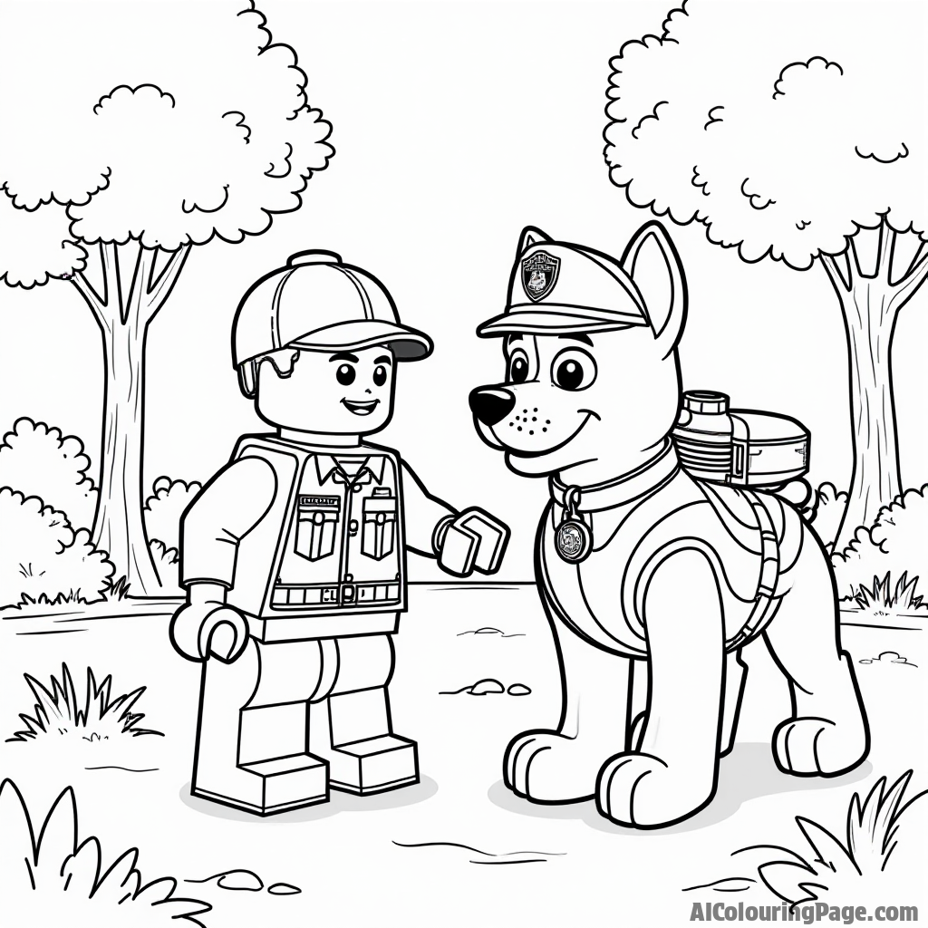 A Lego police dog helping its officer track down a Lego thief in a park, creating an adventurous scene for kids to color their own story.