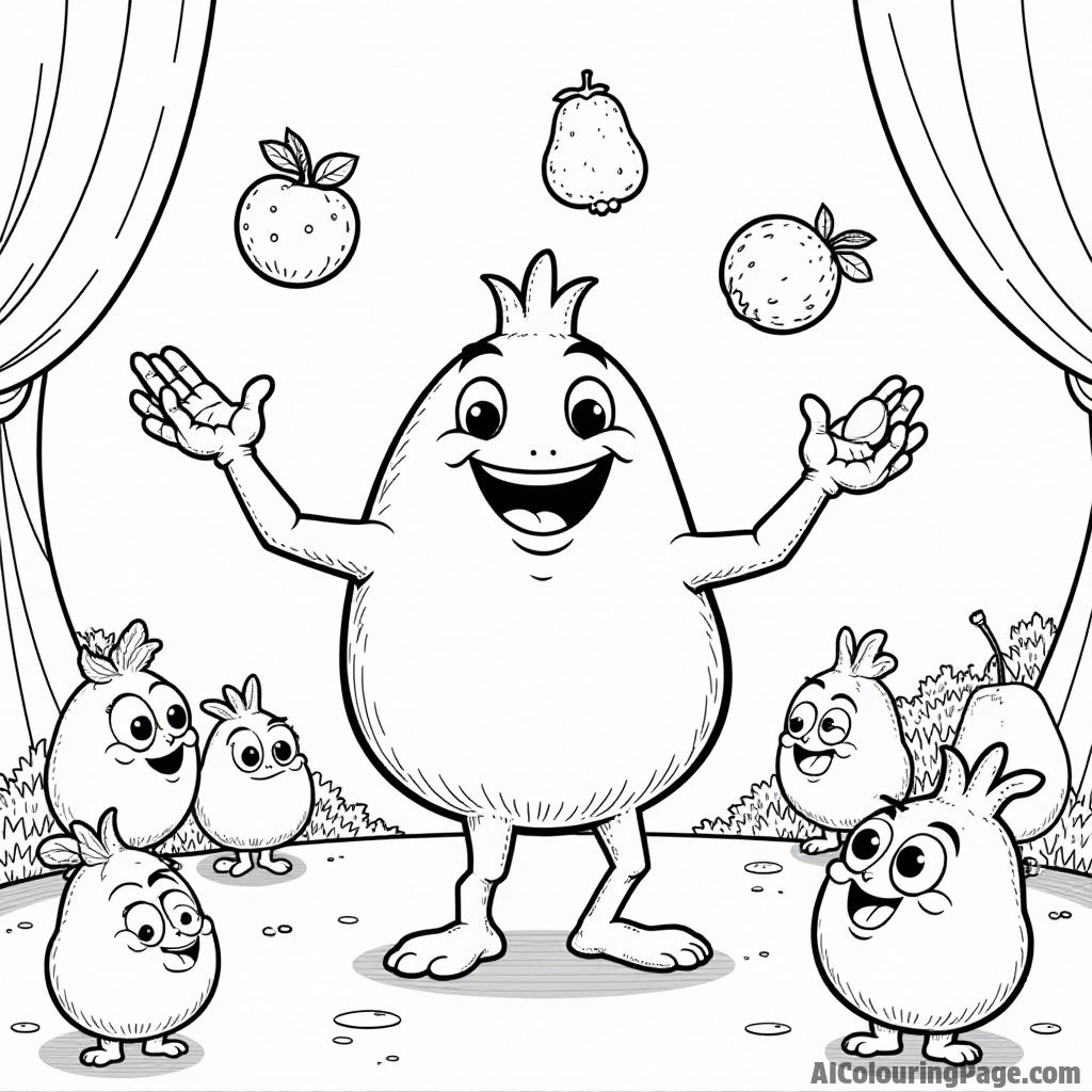 A silly pomegranate character juggling fruits, with amazed fruit friends watching in a lively circus setting.