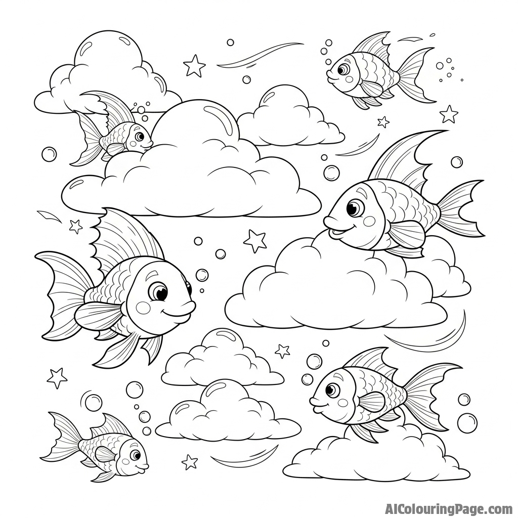 A whimsical illustration of fish swimming in the sky amongst fluffy clouds.