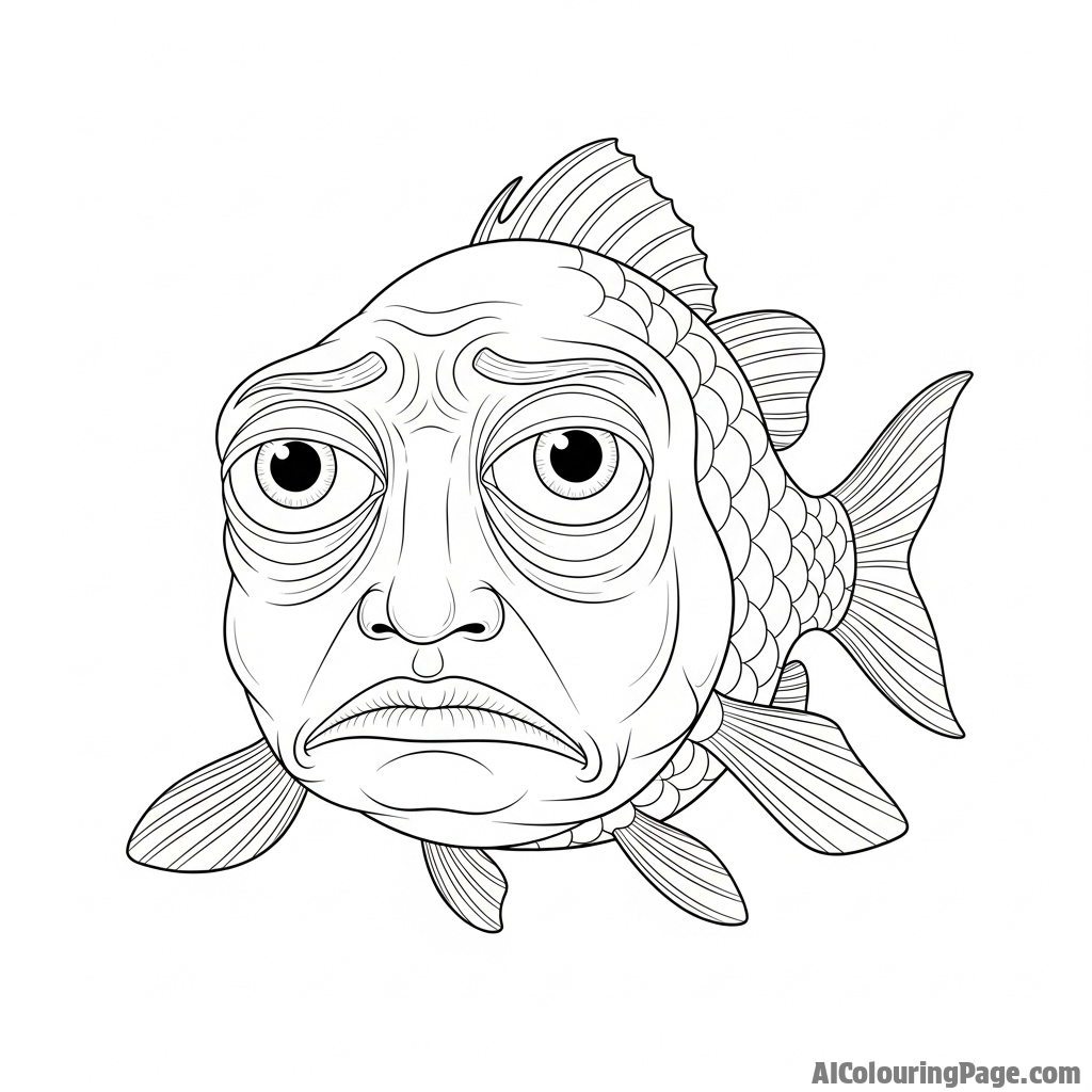 A fish with a somber, human-like face, a surreal and unsettling portrait.