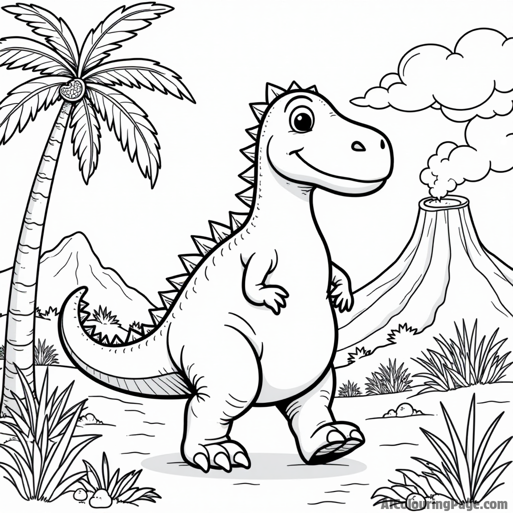 A friendly pear dinosaur walking through a prehistoric landscape with palm trees and volcanoes, perfect for kids to color.