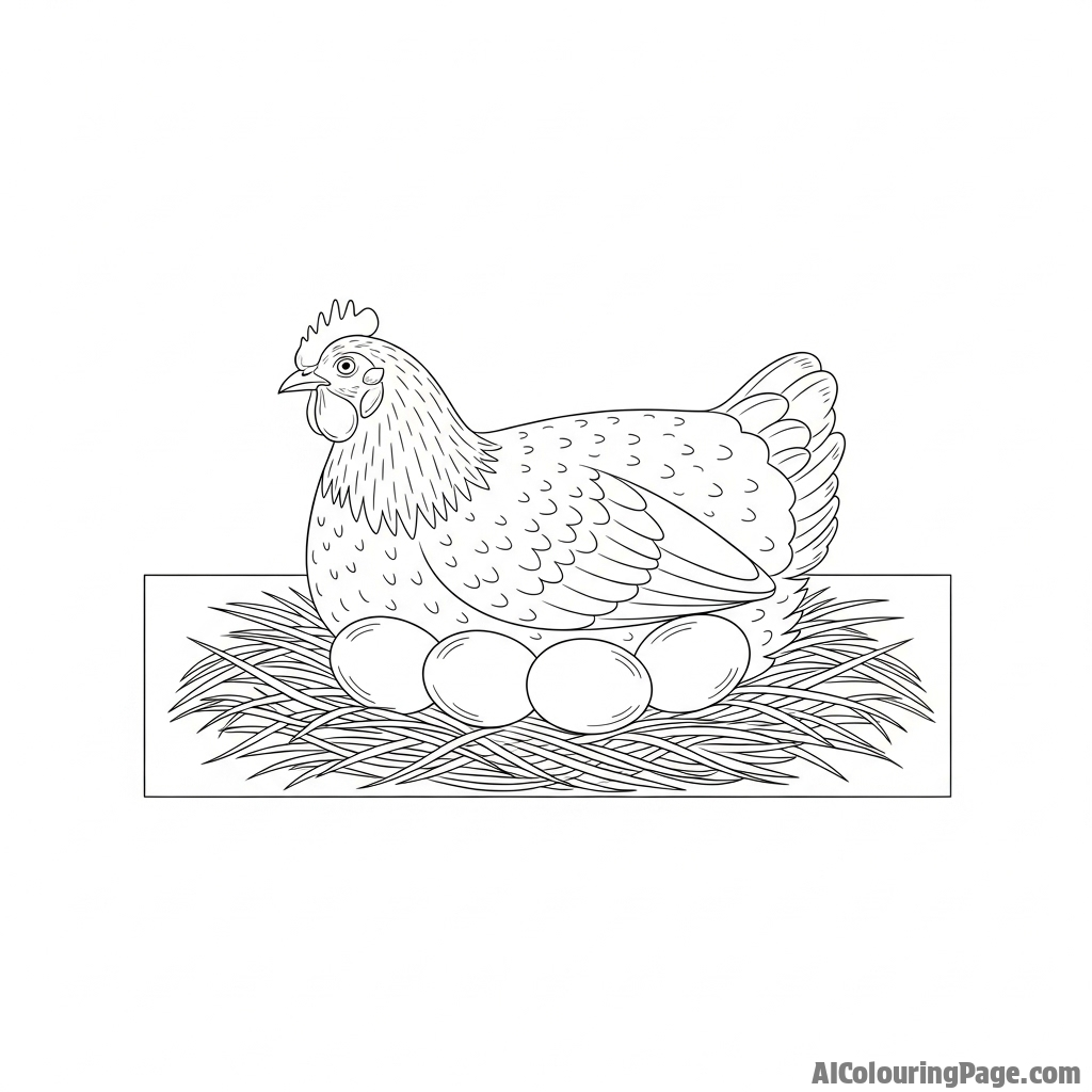 A hen nestled on a clutch of eggs in a straw-filled nesting box.