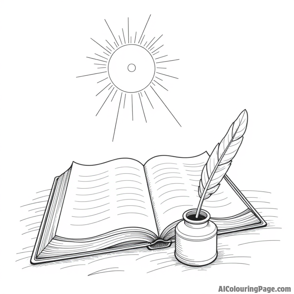 An open Bible with a glowing light above, surrounded by a quill and inkpot, representing the importance of scripture.