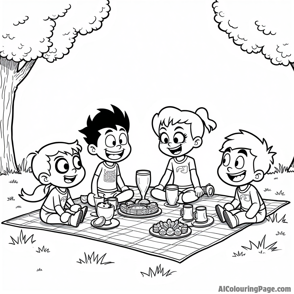 Teen Titans enjoying a picnic, a checkered blanket spread out, with delicious food and drinks, and smiling faces all around.