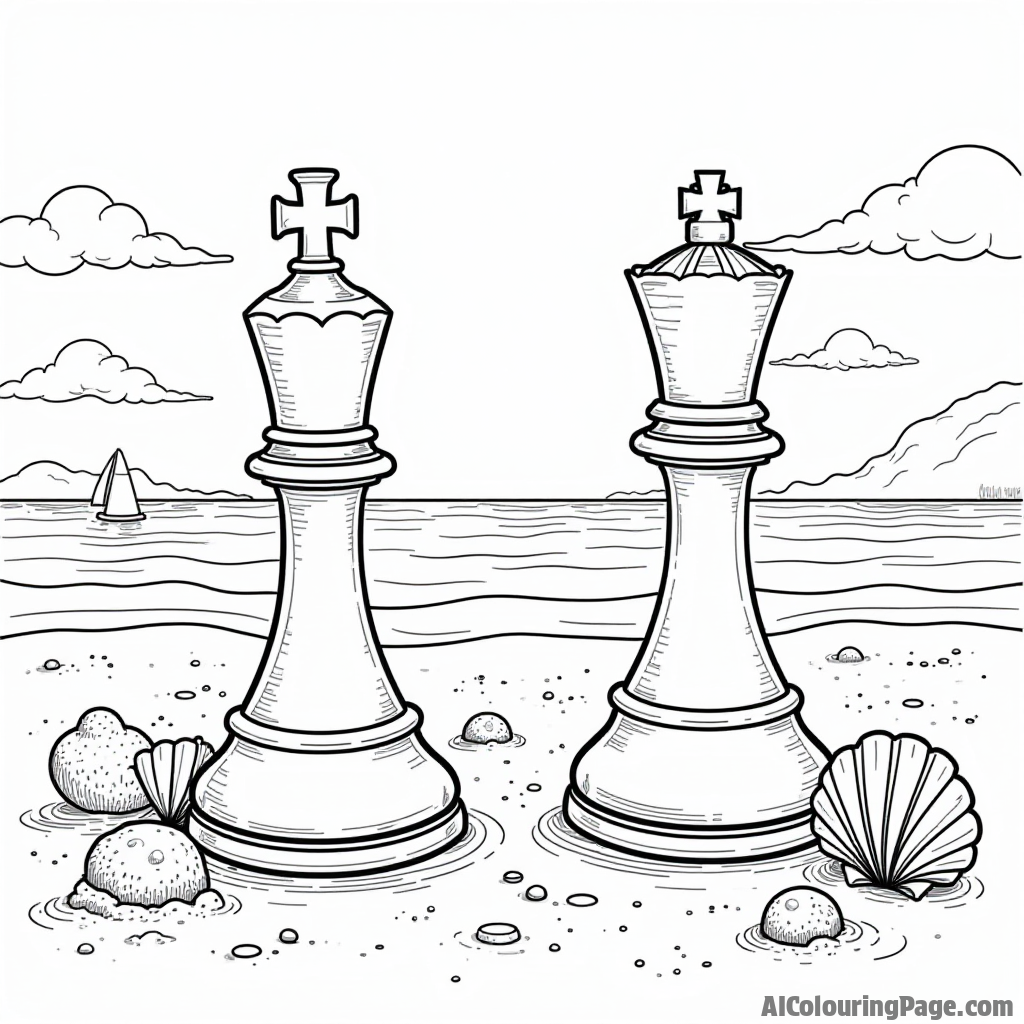 A lively beach scene with chess pieces made of sand, including a sandcastle king and a seashell queen, perfect for children to create their own sunny seaside coloring adventure.