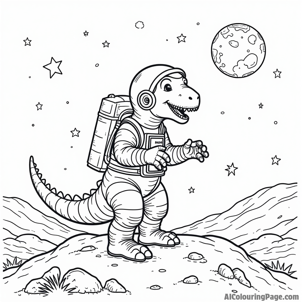 A dinosaur astronaut exploring the moon with stars and a distant Earth visible in the background.