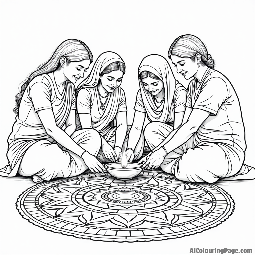 A group of friends in traditional attire, creating a vibrant rangoli design together, highlighting the joy of collaboration and creativity during Diwali for Festivals and Traditions Coloring Sheets.