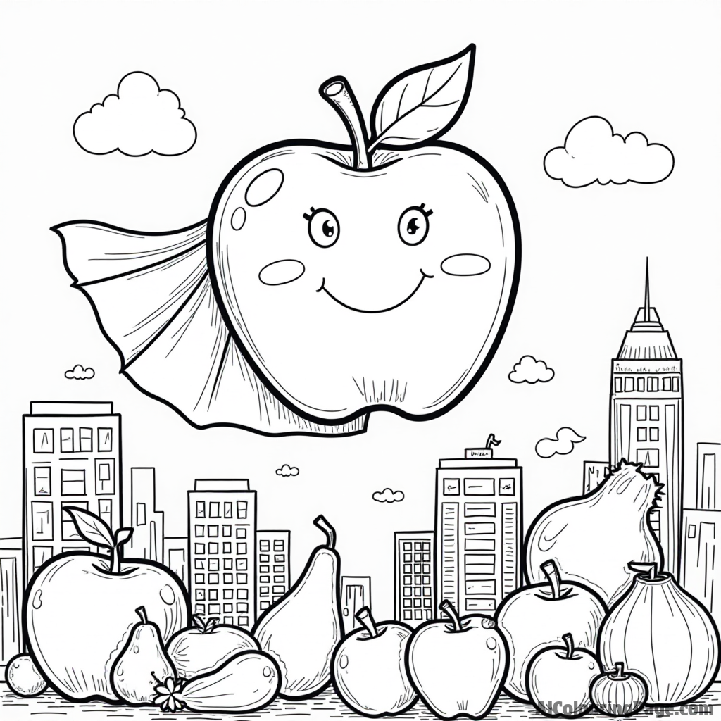 A cartoon apple with a superhero cape, flying over a cityscape made of fruits and veggies.