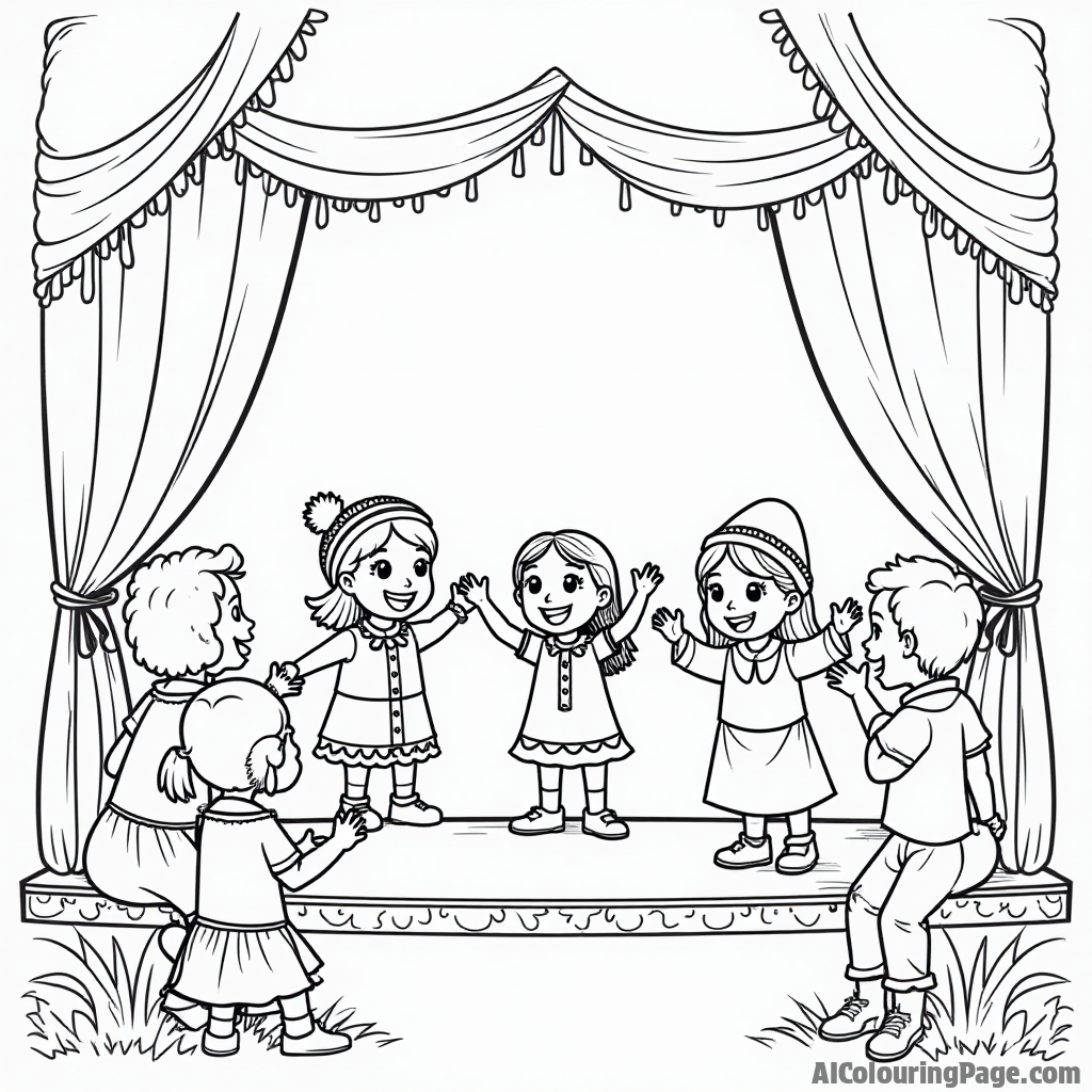 A whimsical puppet show with puppets performing on a stage, delighted children watching closely, and a colorful backdrop, perfect for a Festivals and Traditions Coloring Sheet.