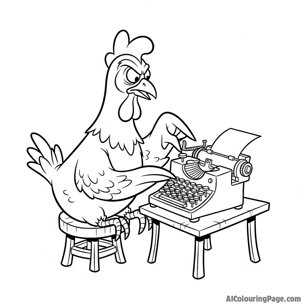 A humorous scene of a chicken attempting to use a tiny typewriter.