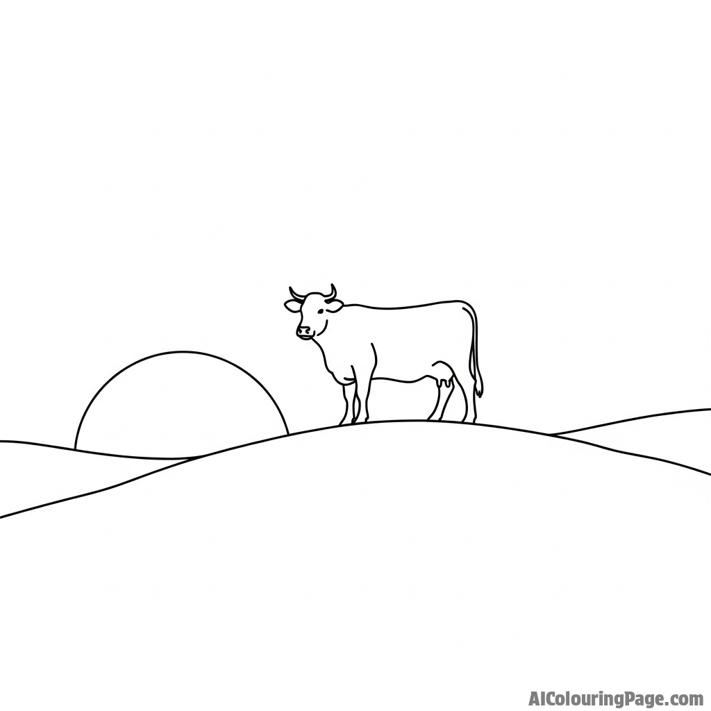 A stark silhouette of a cow standing on a hill against a setting sun.
