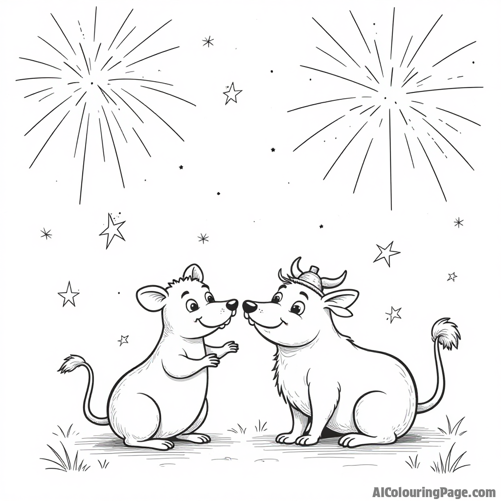 A cheerful pair of zodiac animals, a Rat and an Ox, celebrating together with decorations and fireworks around them, encouraging children to learn about the zodiac in a fun way.