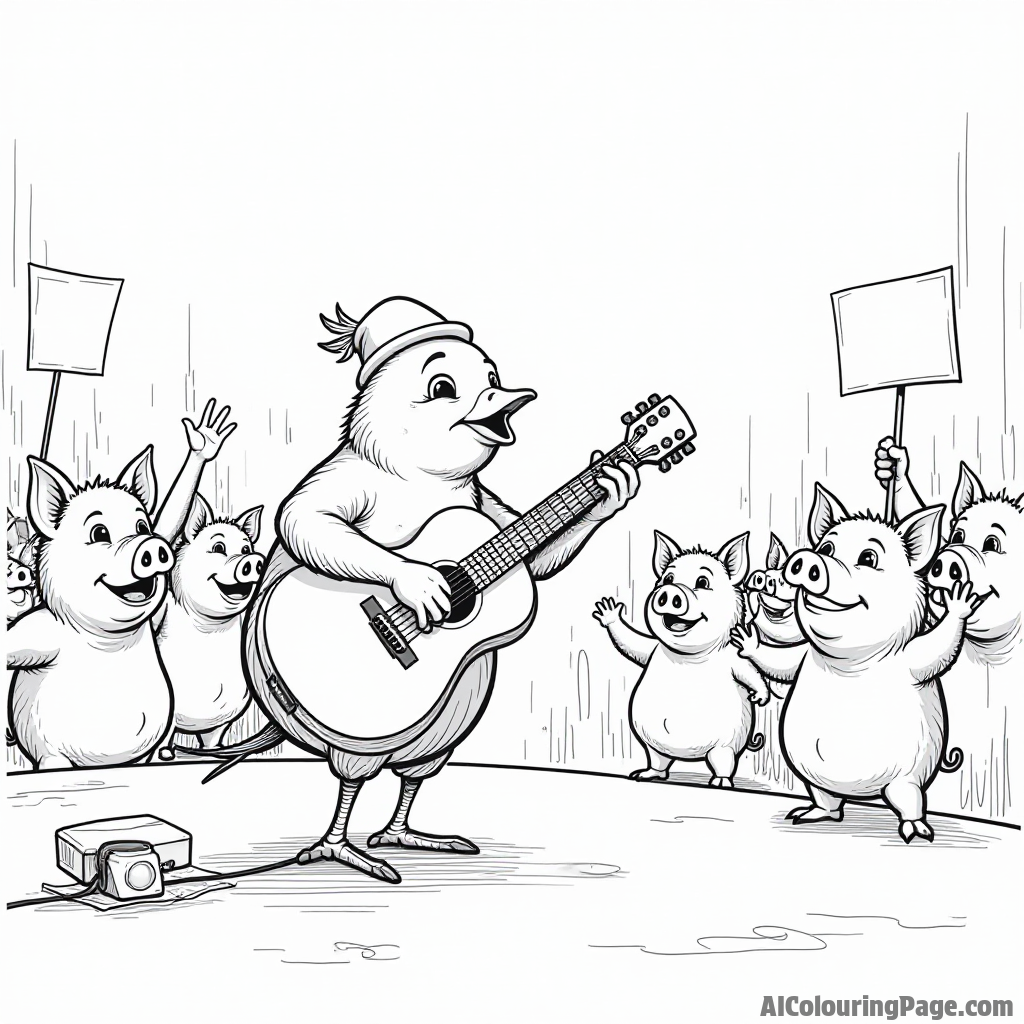 A bird playing a guitar on stage with a cheering audience of pigs holding signs and waving their hands