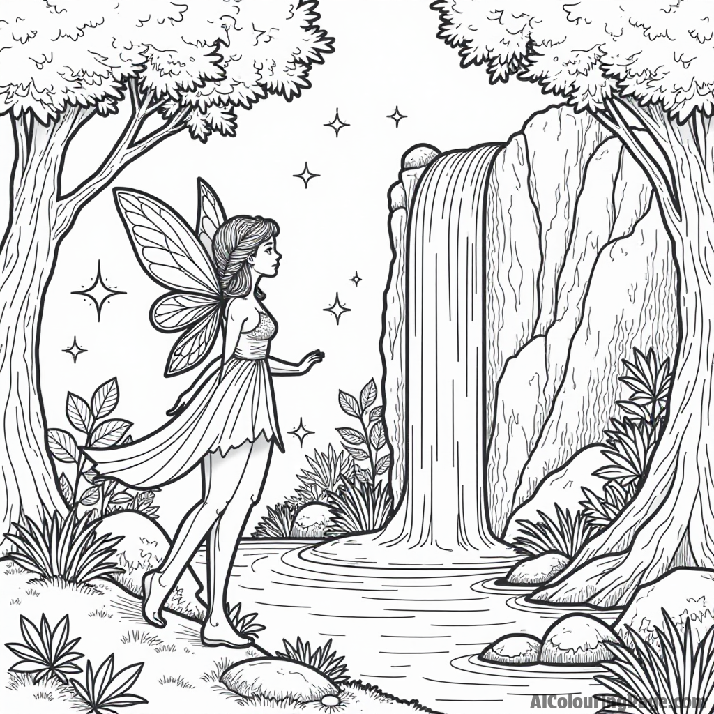 A fairy discovering a hidden waterfall surrounded by sparkling gems and mystical creatures in a lush forest