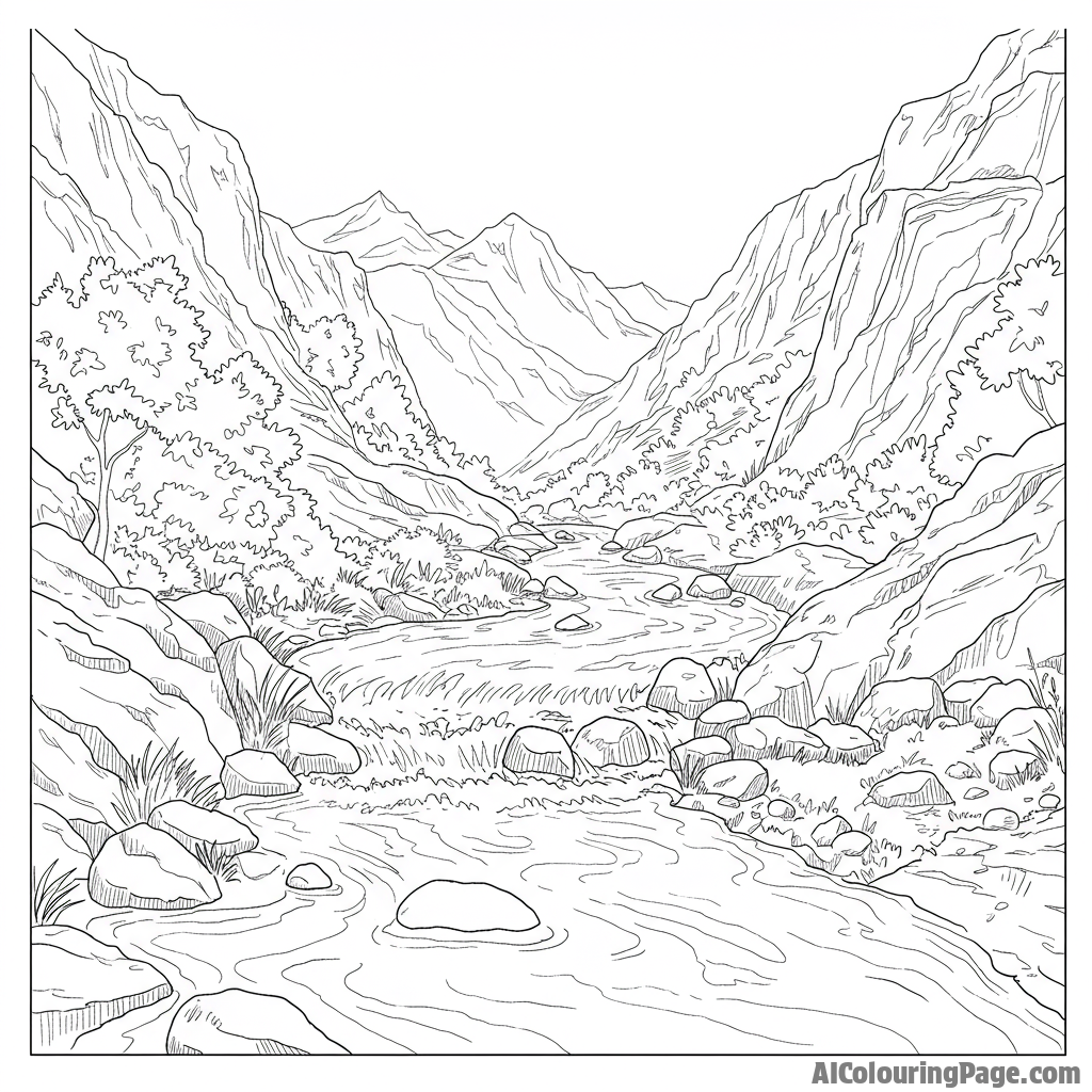 A stream flowing through a rocky valley.