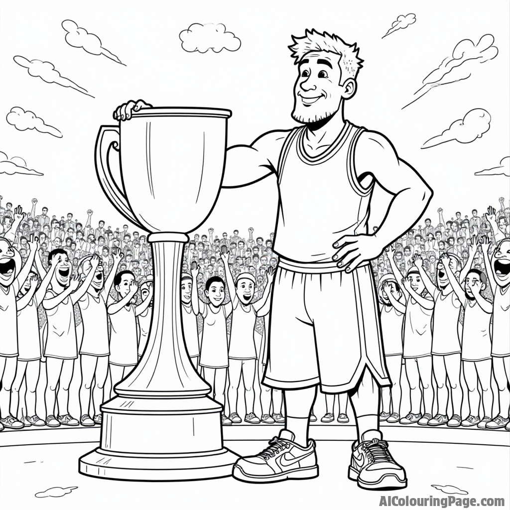 A cartoon character wearing a basketball uniform, standing proudly next to a giant trophy, with a cheering crowd in the background, ideal for an inspiring coloring page for kids.