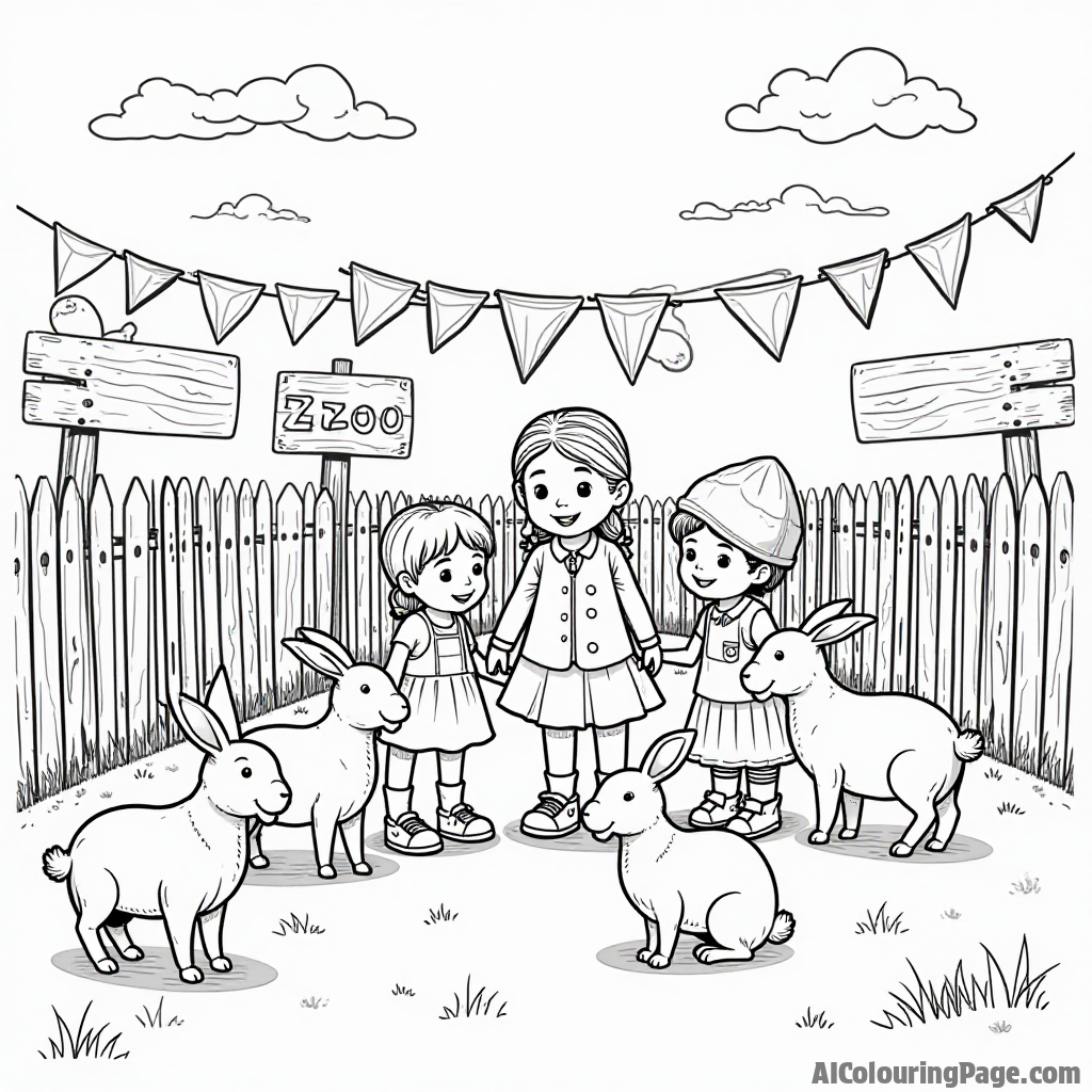 A playful petting zoo with children interacting with bunnies and goats, colorful signs indicating different animals, perfect for a Festivals and Traditions Coloring Sheet.