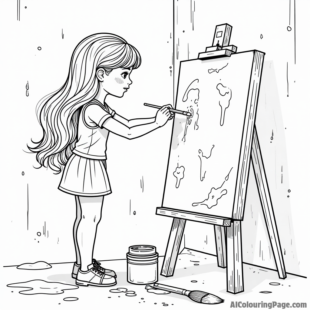 A doll painting a mural on a wall, with paint splatters and brushes scattered around, showing her artistic creativity.