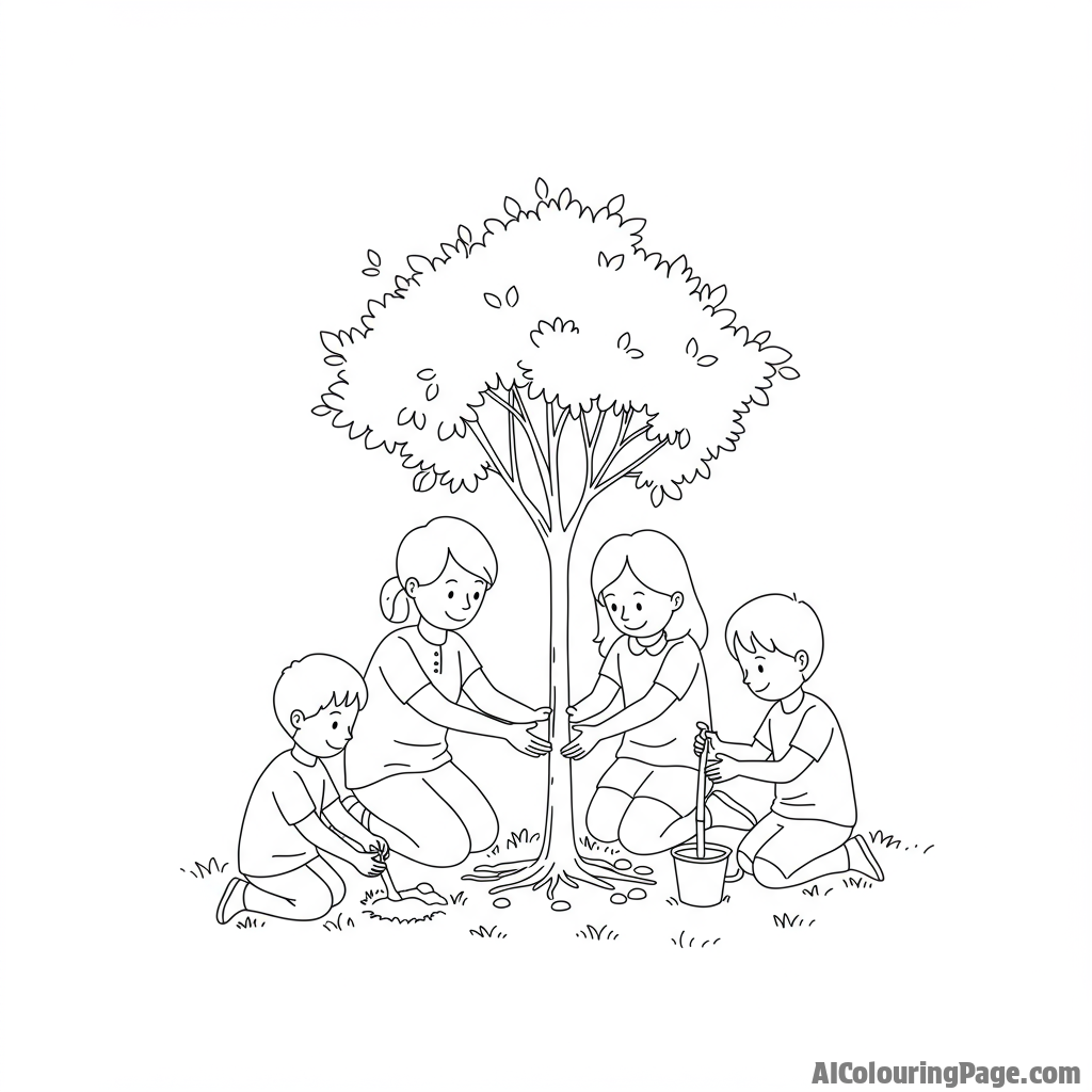 A mother planting a tree with her children, representing growth and legacy.