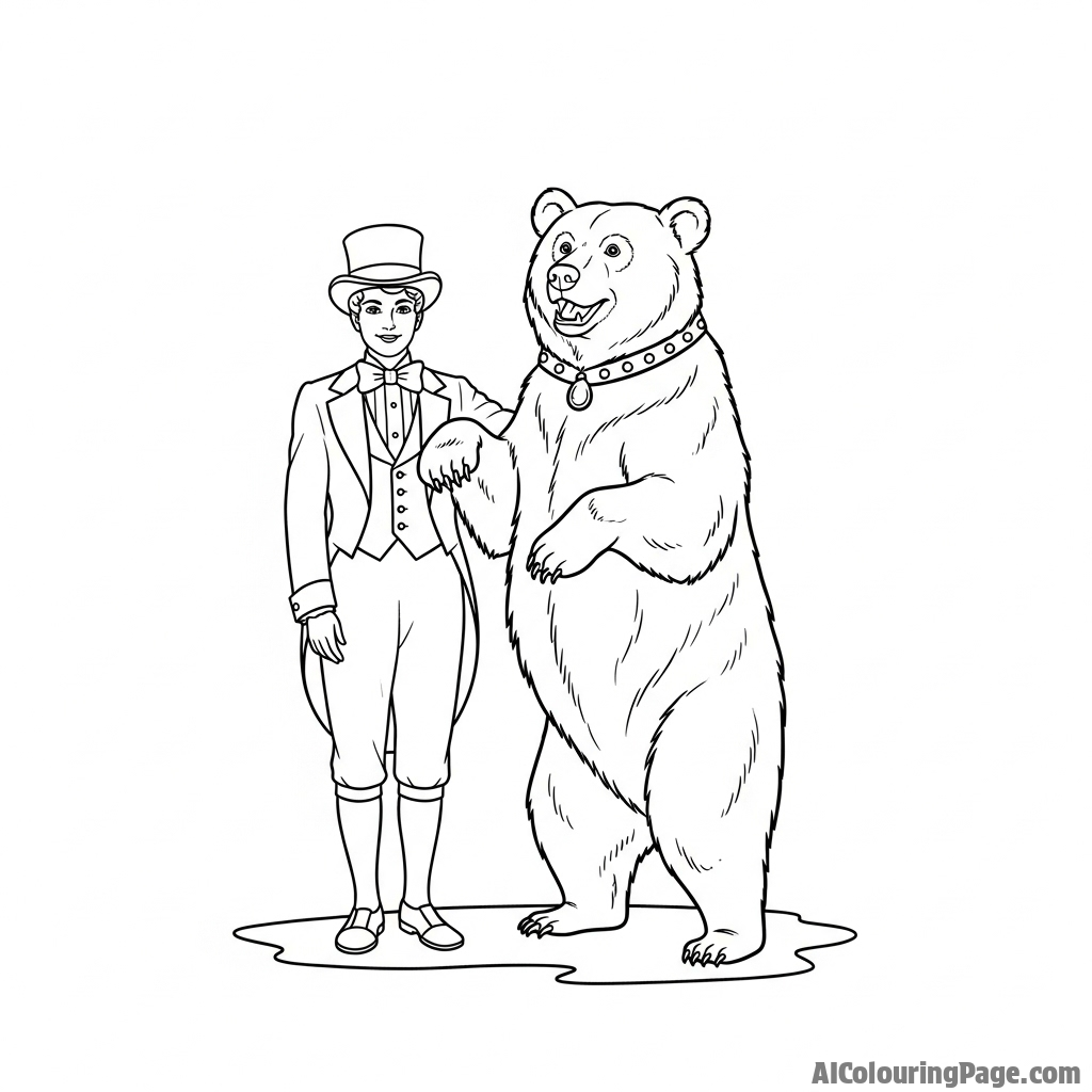 A vintage photograph of a person posing with a tamed circus bear.