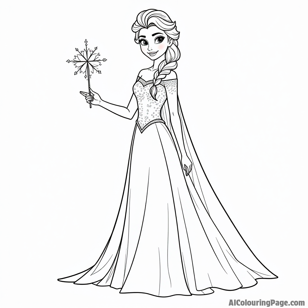 Elsa wearing a flowing gown while holding a snowflake wand