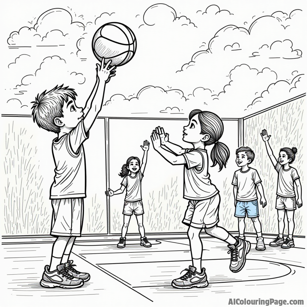 A basketball practice scene with a boy shooting hoops and a girl catching the ball, surrounded by supportive friends and a colorful gym backdrop, perfect for young artists.