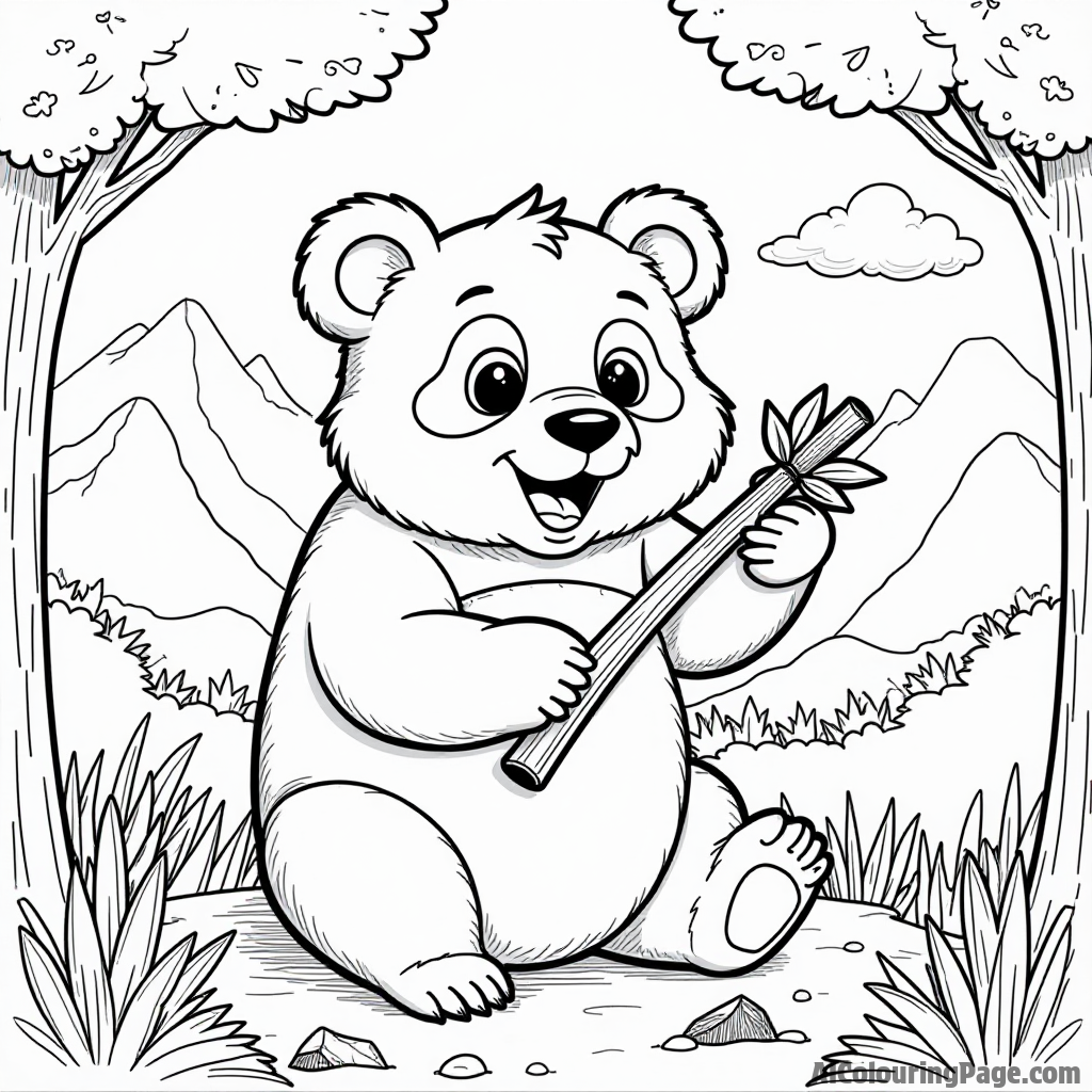 A joyful panda munching on bamboo in a lush forest, surrounded by trees and mountains, inviting children to explore nature.