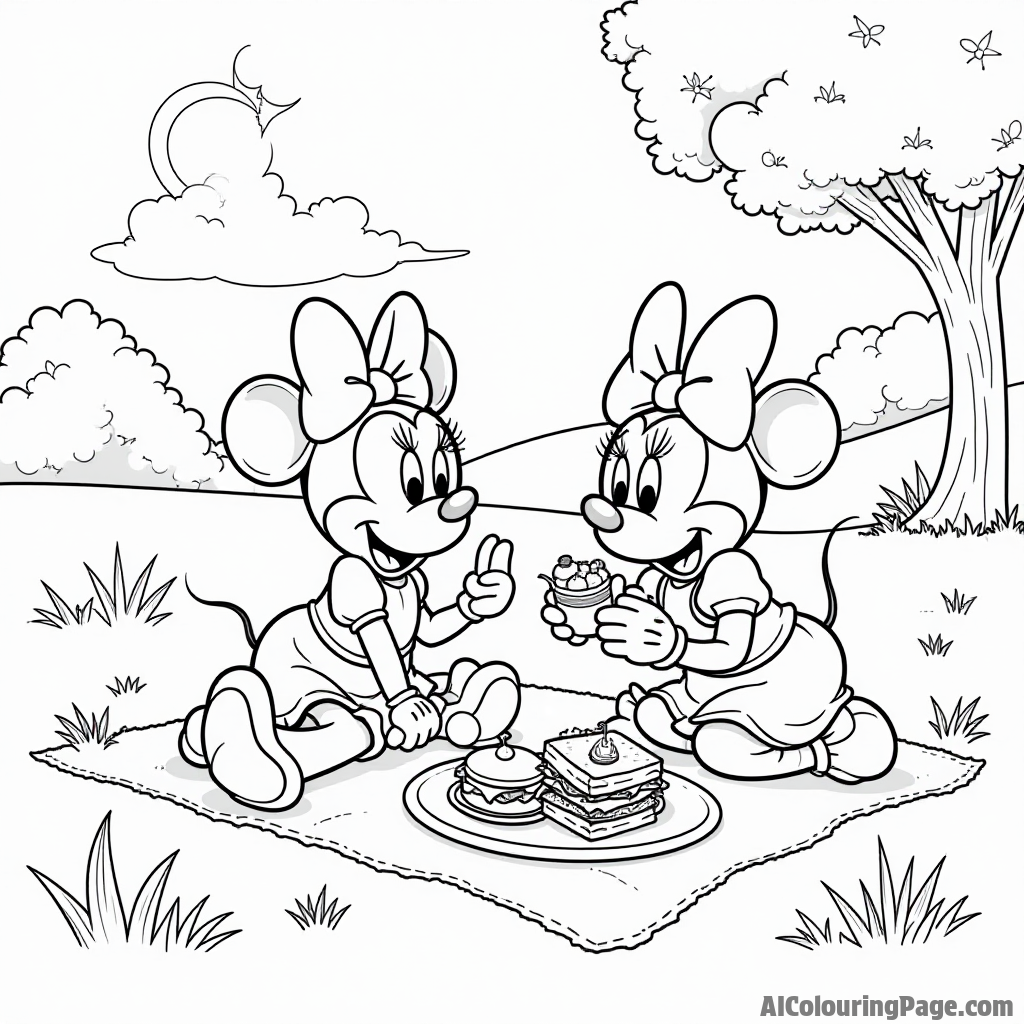 Minnie Mouse and her friends having a picnic, sitting on a blanket with sandwiches, fruits, and lemonade in a sunny meadow