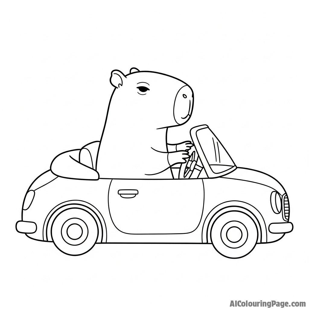 A capybara sitting in the driver's seat of a tiny convertible.